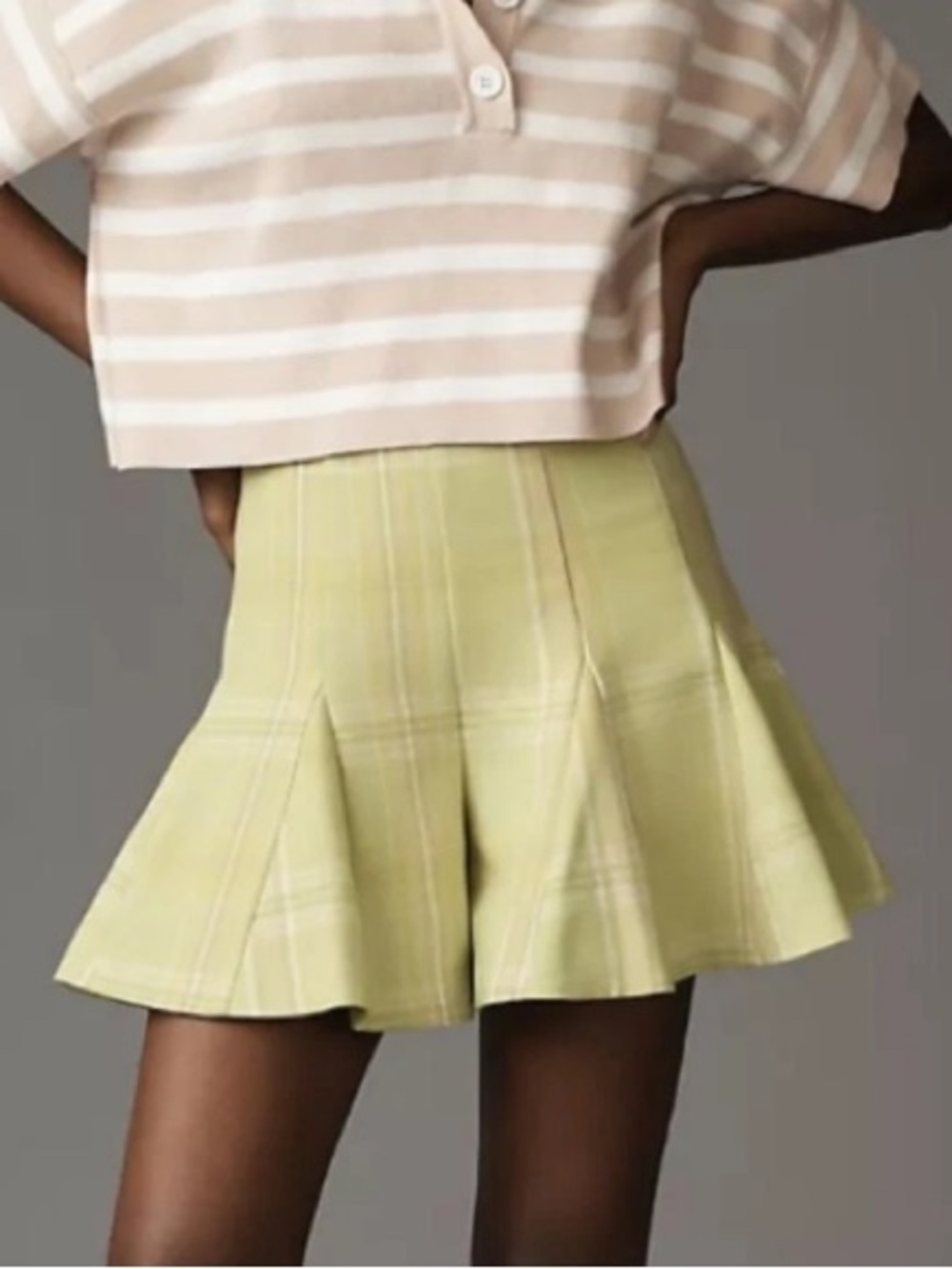 Anthropologie Maeve Skirty Godet Skort in Plaid Chartreuse Size 16 - Picture 2 of 12